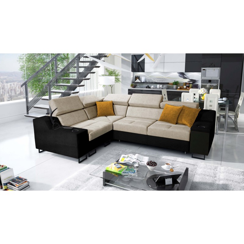 Ecksofa Avanti II mit Schlaffunktion und Lampe mit USB-Anschluss Stoff Whisper 3 + schwarzes Kunstleder