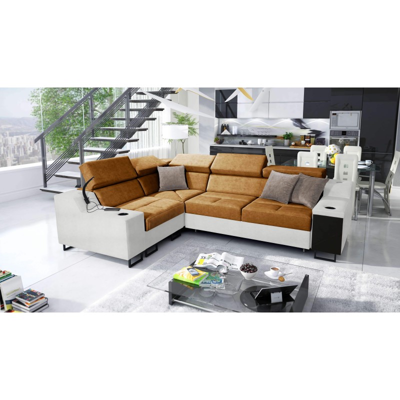 Avanti II corner sofa with a sleeping function and a lamp with a USB port, Whisper 9 fabric + Eco-leather