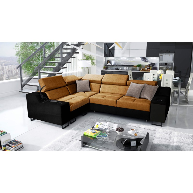 Avanti II corner sofa with a sleeping function and a lamp with a USB port, Whisper 9 fabric + black eco-leather
