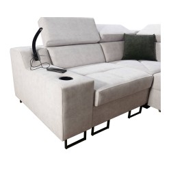 Avanti II corner sofa with a sleeping function and a lamp with a USB port, fabric Whisper 11 + black Ecoskin.
