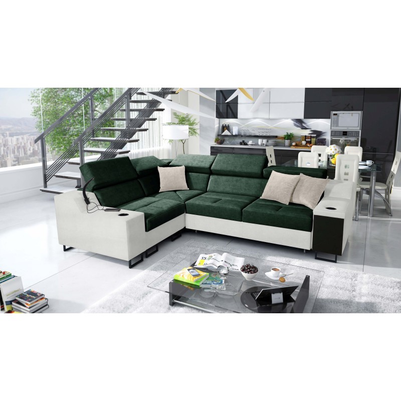 Ecksofa Avanti II mit Schlaffunktion und Lampe mit USB-Anschluss, Stoff Whisper 11 + Kunstleder