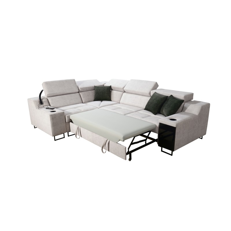Avanti II corner sofa with a sleeping function and a lamp with a USB port, fabric Whisper 11 + Eco-leather