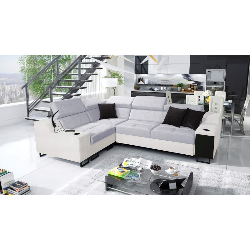 Avanti II corner sofa with sleeping function and lamp with USB port, fabric Sawana 84 + Eco-leather