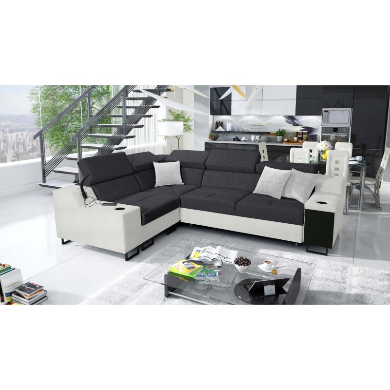 Avanti II corner sofa with a sleeping function and a lamp with a USB port, fabric Sawana 96 + Eco-leather