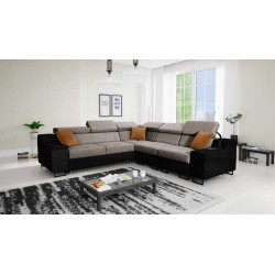 Ecksofa Avanti III mit Schlaffunktion und Lampe mit USB-Anschluss in Stoff Whisper 5 + schwarzem Kunstleder