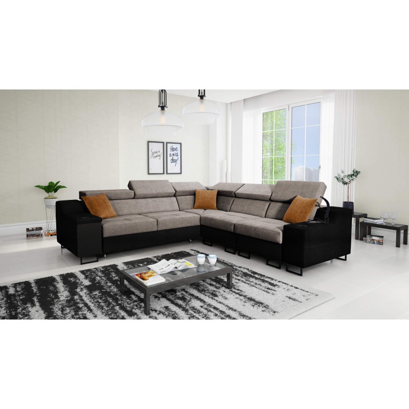 Avanti III corner sofa with a sleeping function and a lamp with a USB port, fabric Whisper 5 + black eco-leather