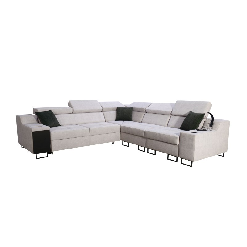 Avanti III corner sofa with a sleeping function and a lamp with a USB port, fabric Whisper 9 + Eco-leather