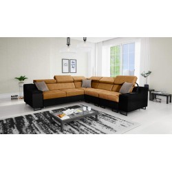 Sofá esquinero Avanti III con función de cama y lámpara con puerto USB, tela Whisper 9 + cuero ecológico negro