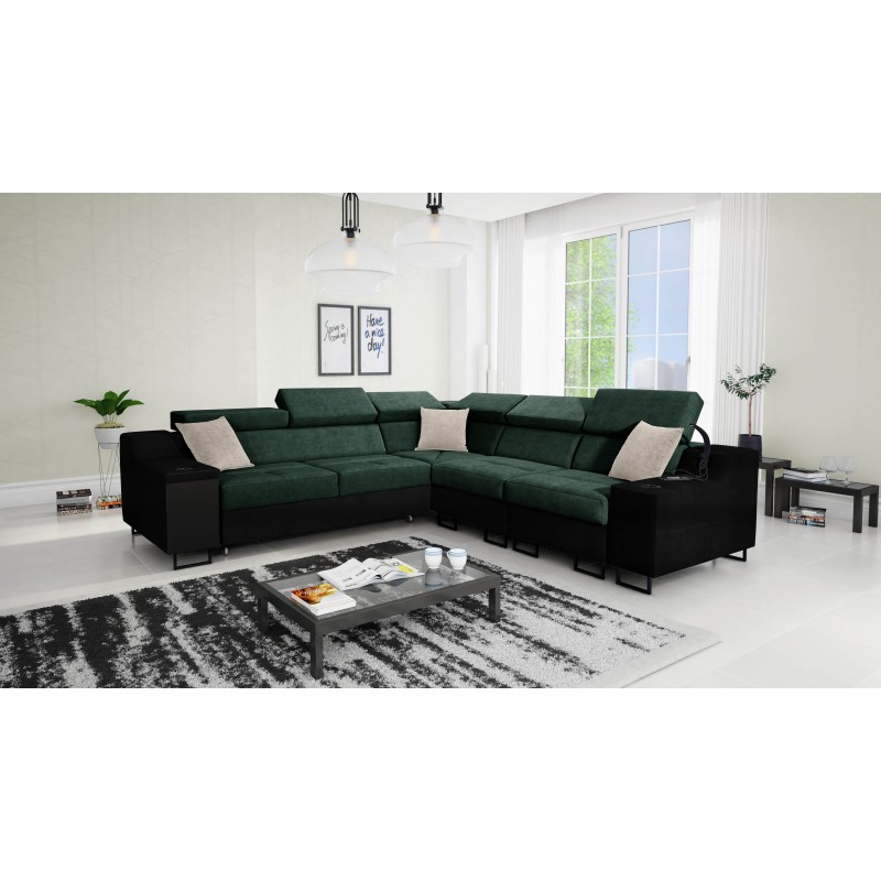 Esquina Avanti III con función de cama y lámpara con puerto USB, tela Whisper 11 + Ecocuero negro.