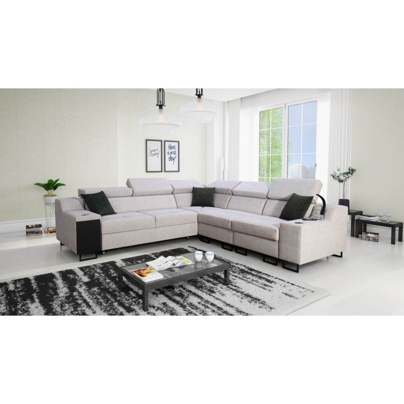 Avanti III Ecksofa mit Schlaffunktion und Lampe mit USB-Anschluss, Stoff Whisper 11 + schwarzes Kunstleder