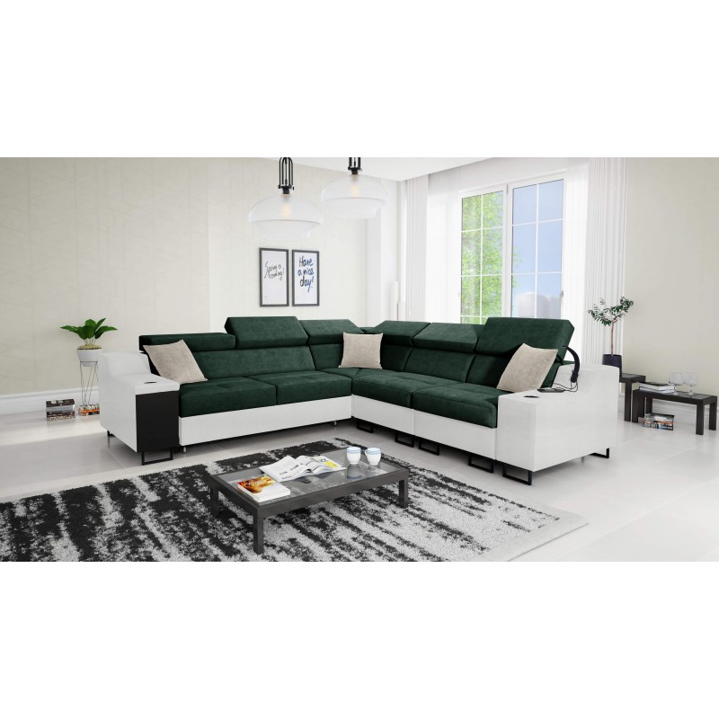 Avanti III corner sofa with a sleeping function and a lamp with a USB port, Whisper 11 fabric + Eco-leather