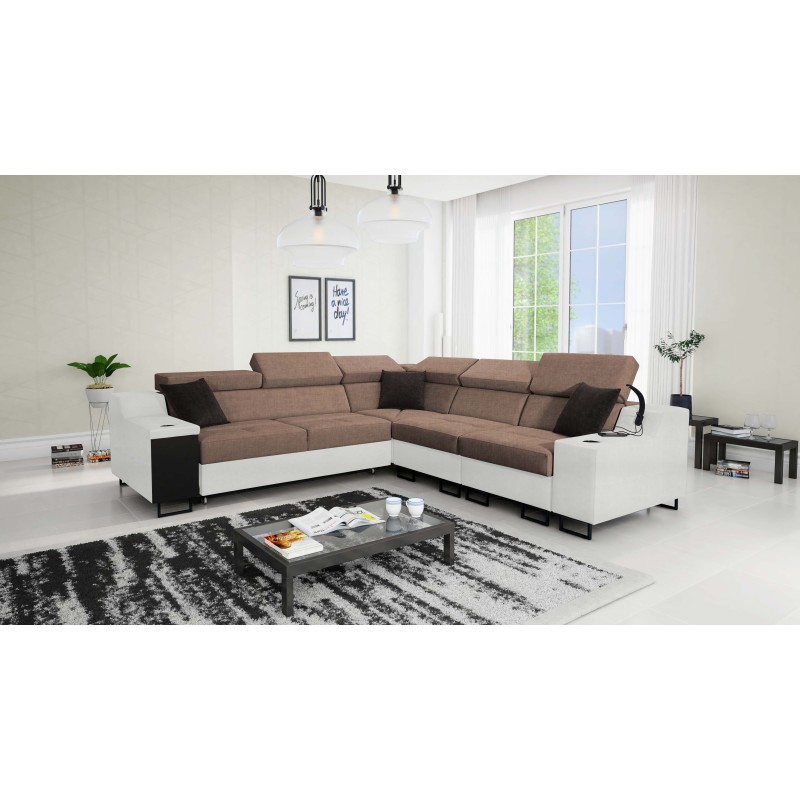 Avanti III corner sofa with a sleeping function and a lamp with a USB port, fabric Sawana 25 + Eco leather