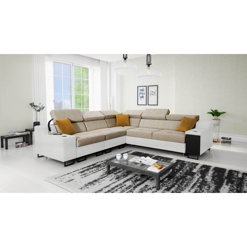 Ecksofa Avanti III mit Schlaffunktion und Lampe mit USB-Anschluss, Stoff Whisper 3 + Kunstleder