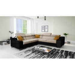 Sofá esquinero Avanti III con función de cama y lámpara con puerto USB, tela Whisper 3 + eco-cuero negro.