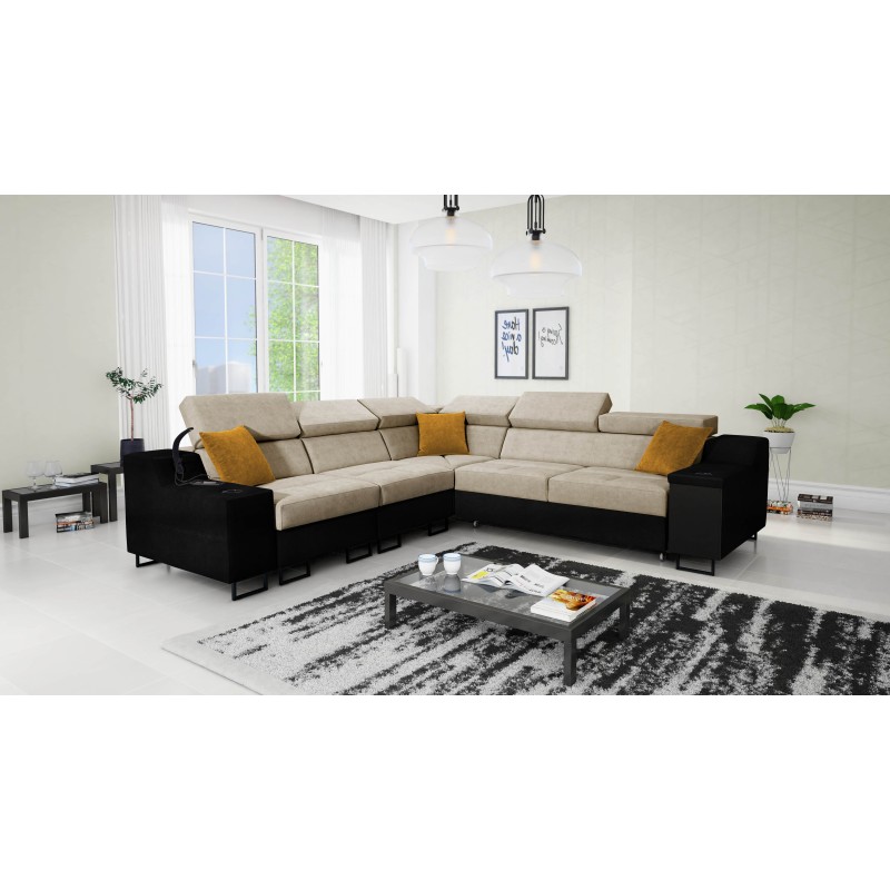 Ecksofa Avanti III mit Schlaffunktion und Lampe mit USB-Anschluss, Stoff Whisper 3 + schwarzes Kunstleder