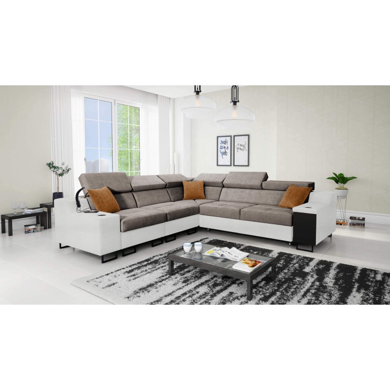 Avanti III corner sofa with a sleeping function and a lamp with a USB port, fabric Whisper 5 + Eco-leather