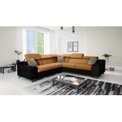 Sofá esquinero Avanti III con función de cama y lámpara con puerto USB, tela Whisper 9 + cuero ecológico negro