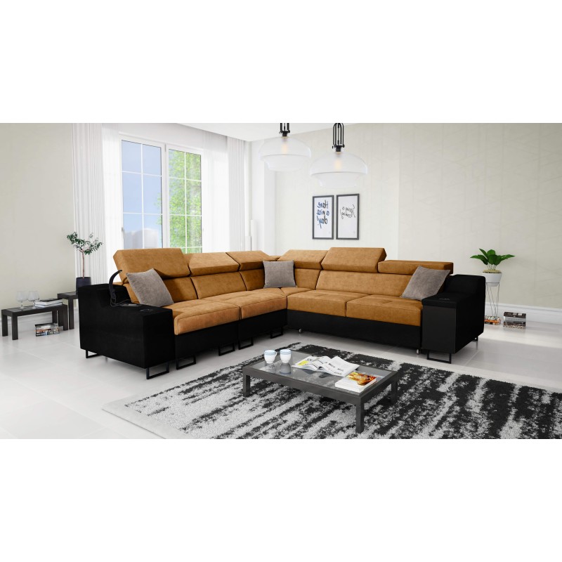 Sofá esquinero Avanti III con función de cama y lámpara con puerto USB, tela Whisper 9 + cuero ecológico negro