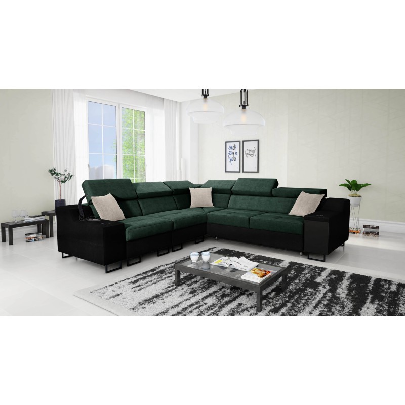 Esquina Avanti III con función de cama y lámpara con puerto USB, tela Whisper 11 + Ecocuero negro.