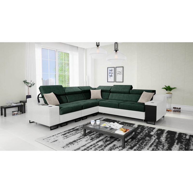 Ecksofa Avanti III mit Schlaffunktion und Lampe mit USB-Anschluss, Stoff Whisper 11 + Kunstleder