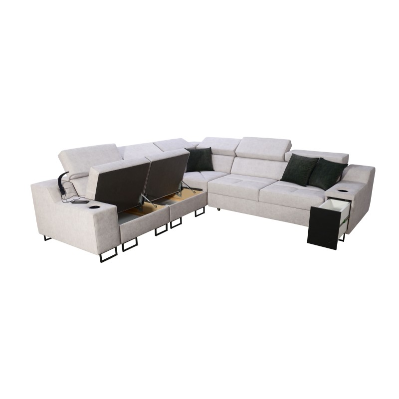 Avanti III corner sofa with a sleeping function and a lamp with a USB port, Whisper 11 fabric + Eco-leather
