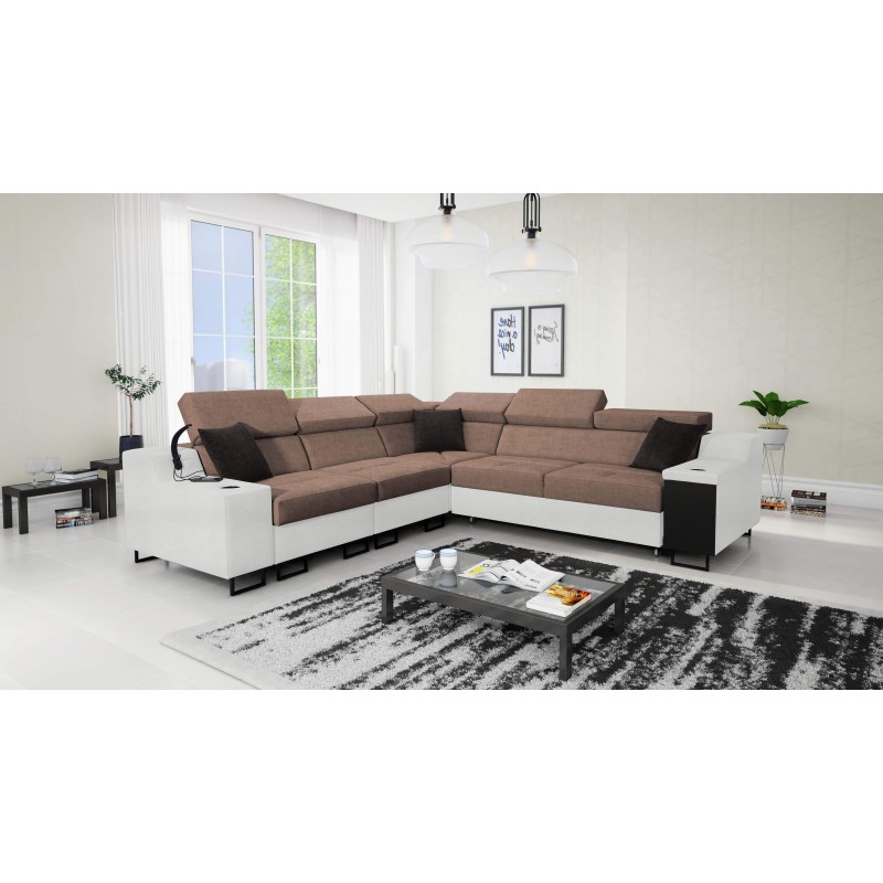 Ecksofa Avanti III mit Schlaffunktion und Lampe mit USB-Anschluss Stoff Sawana 25 + Kunstleder