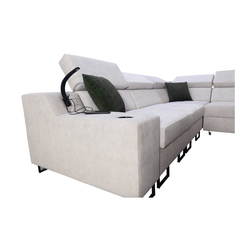 Sofá esquinero Avanti III con función de cama y lámpara con puerto USB, tela Sawana 84 + Eco-cuero