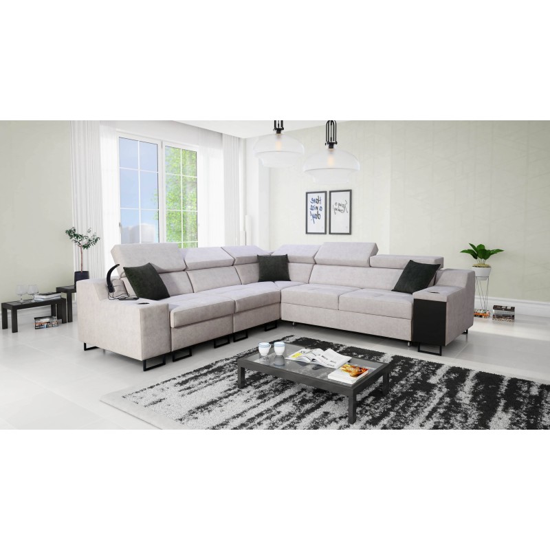 Sofá esquinero Avanti III con función de cama y lámpara con puerto USB, tela Sawana 84 + Eco-cuero