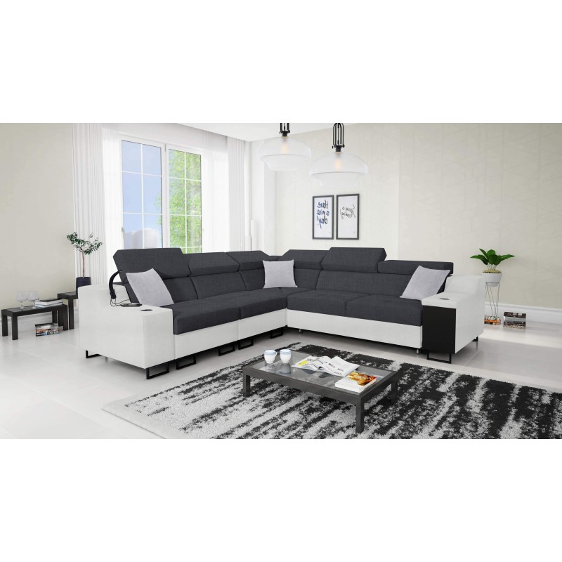 Avanti III corner sofa with a sleeping function and a lamp with a USB port, fabric Sawana 96 + Eco-leather