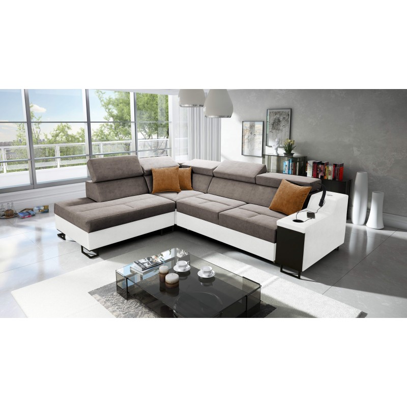 Avanti VII corner sofa with sleeping function and lamp with USB port, fabric Whisper 5 + Eco-leather