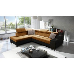 Avanti VII corner sofa with sleeping function and lamp with USB port fabric Whisper 9 + black eco-leather