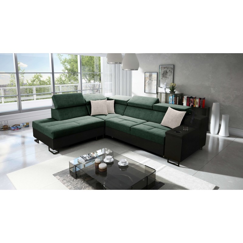 Avanti VII corner sofa with a sleeping function and a lamp with a USB port fabric Whisper 11 + black eco-leather