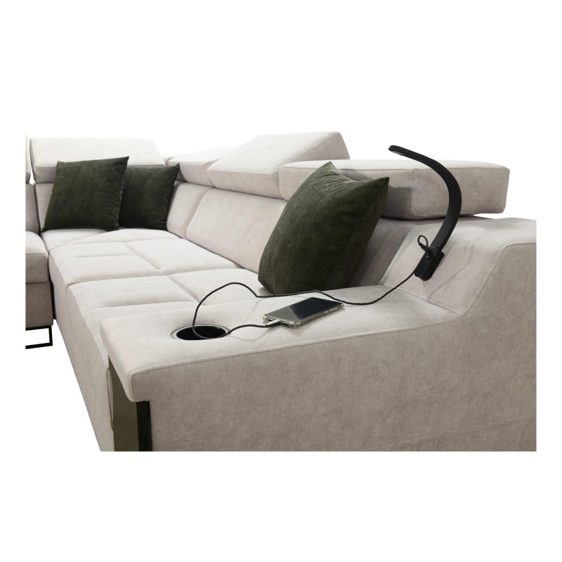 Avanti VII corner sofa with a sleeping function and a lamp with a USB port fabric Whisper 11 + black eco-leather