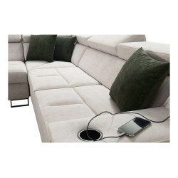 Sofá esquinero Avanti VII con función de cama y lámpara con puerto USB, tela Whisper 11 + Eco-cuero