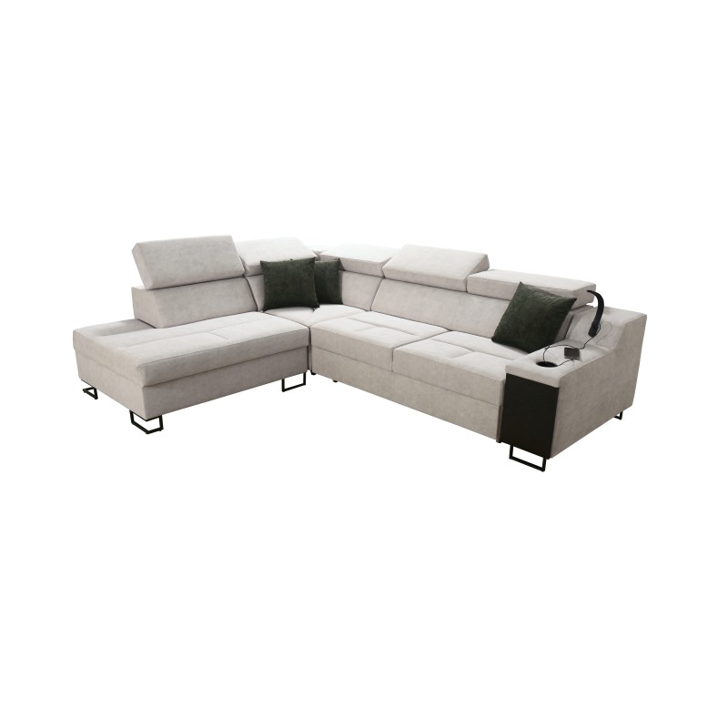 Avanti VII corner sofa with sleeping function and lamp with USB port, fabric Whisper 11 + Eco-leather