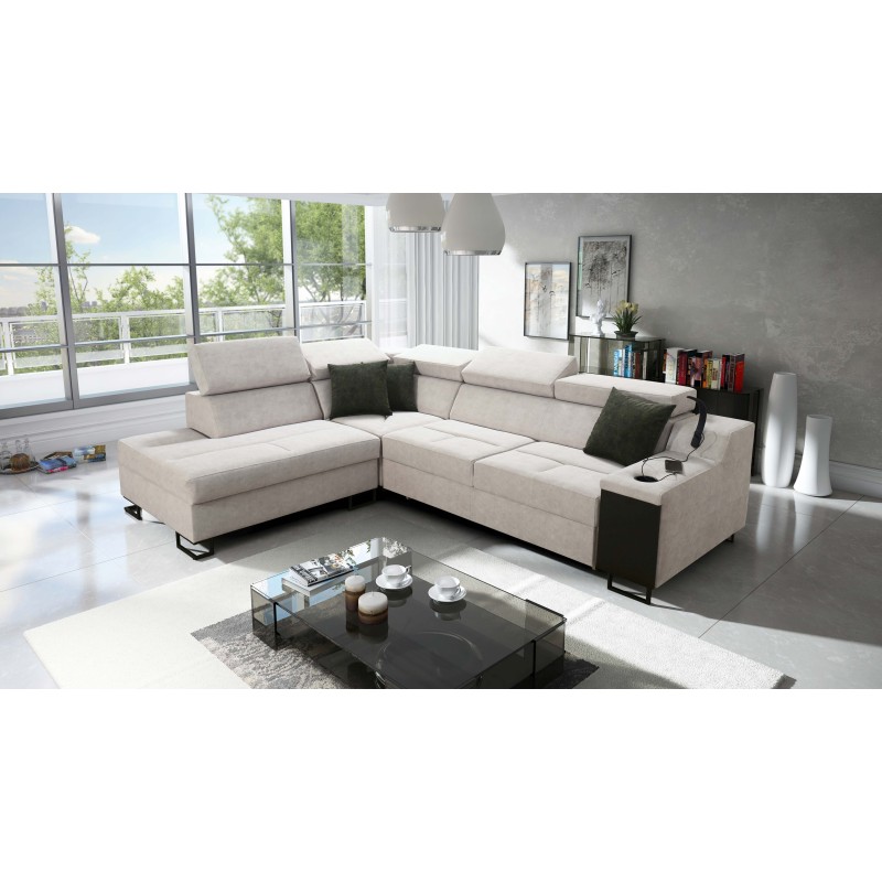 Avanti VII corner sofa with sleeping function and lamp with USB port, fabric Whisper 11 + Eco-leather