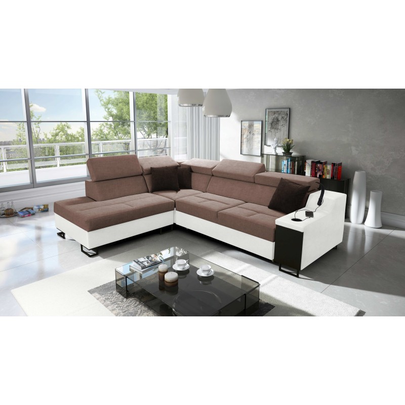 Avanti VII corner sofa with a sleeping function and a lamp with a USB port, fabric Whisper 25 + Eco-leather