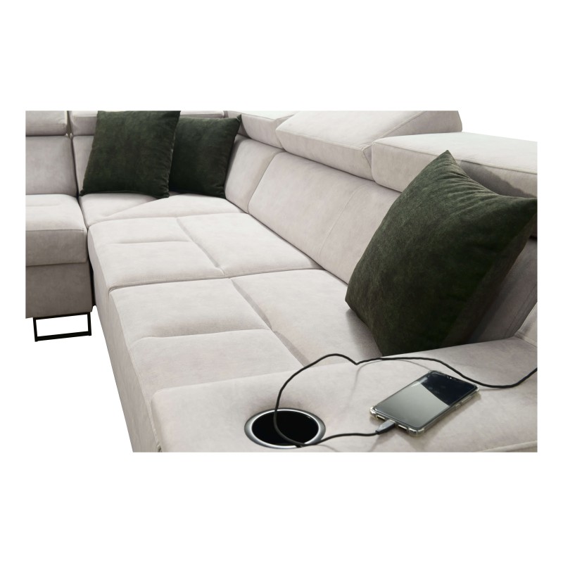 Avanti VII corner sofa with a sleeping function and a lamp with a USB port, fabric Whisper 25 + Eco-leather