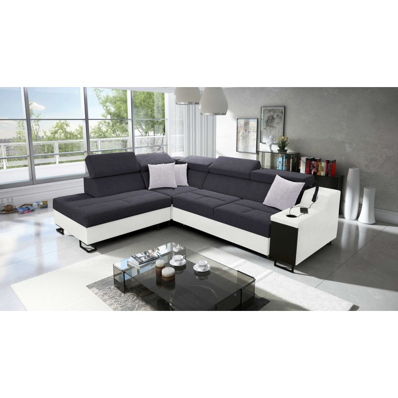 Sofá esquinero Avanti VII con función de cama y lámpara con puerto USB, tela Sawana 96 + Eco-cuero.