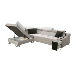 Sofá esquinero Avanti VII con función de cama y lámpara con puerto USB, tela Sawana 96 + Eco-cuero.