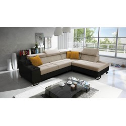 Ecksofa Avanti VII mit Schlaffunktion und Lampe mit USB-Anschluss Stoff Whisper 3 + schwarzes Kunstleder