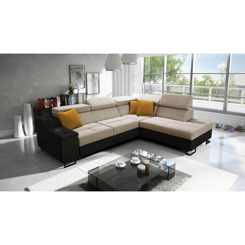 Ecksofa Avanti VII mit Schlaffunktion und Lampe mit USB-Anschluss Stoff Whisper 3 + schwarzes Kunstleder