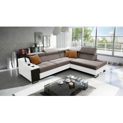 Avanti VII corner sofa with sleeping function and lamp with USB port, fabric Whisper 5 + Eco-leather