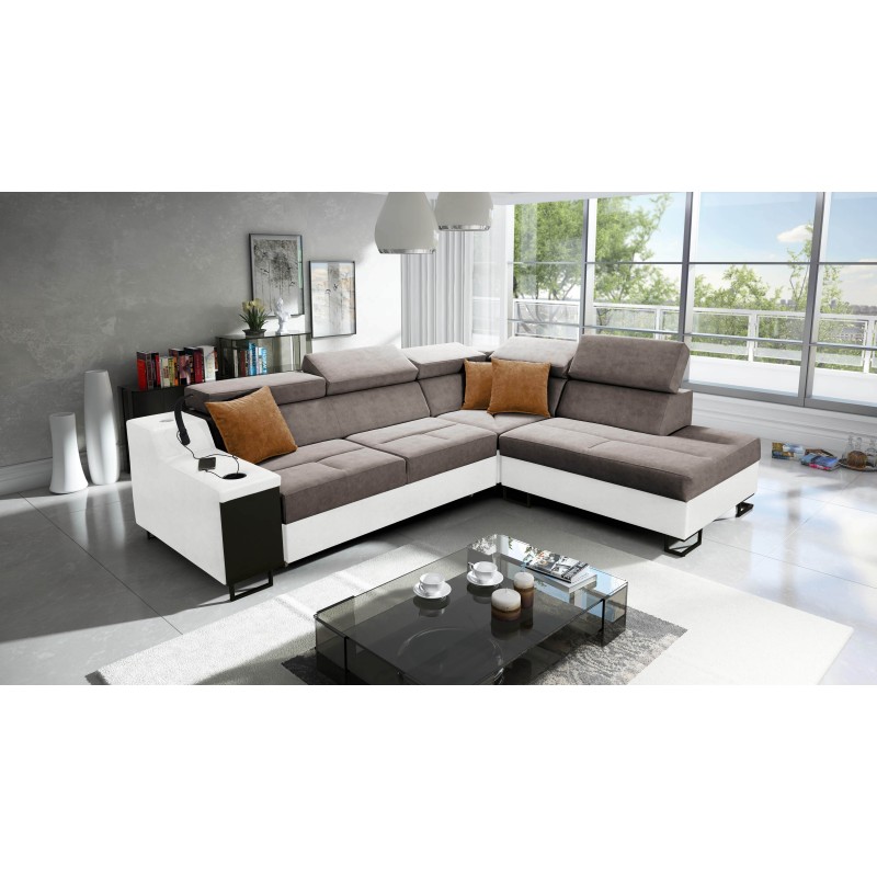 Ecksofa Avanti VII mit Schlaffunktion und Lampe mit USB-Anschluss Stoff Whisper 5 + Kunstleder