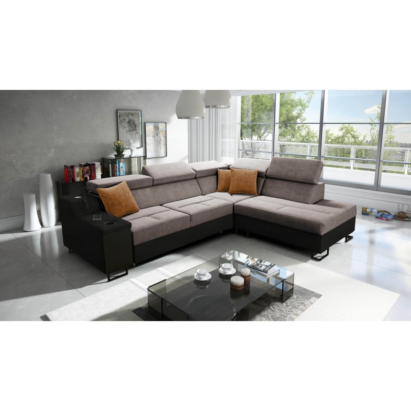 Ecksofa Avanti VII mit Schlaffunktion und Lampe mit USB-Anschluss, Stoff Whisper 5 + schwarzes Ökoleder