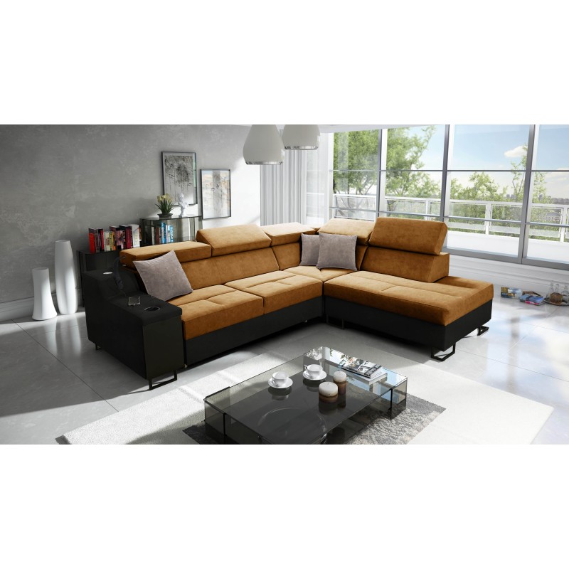 Esquina Avanti VII con función de cama y lámpara con puerto USB, tela Whisper 9 + Ecocuero negro