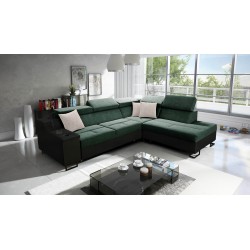 Ecksofa Avanti VII mit Schlaffunktion und Lampe mit USB-Anschluss, Stoff Whisper 11 + schwarzes Kunstleder.