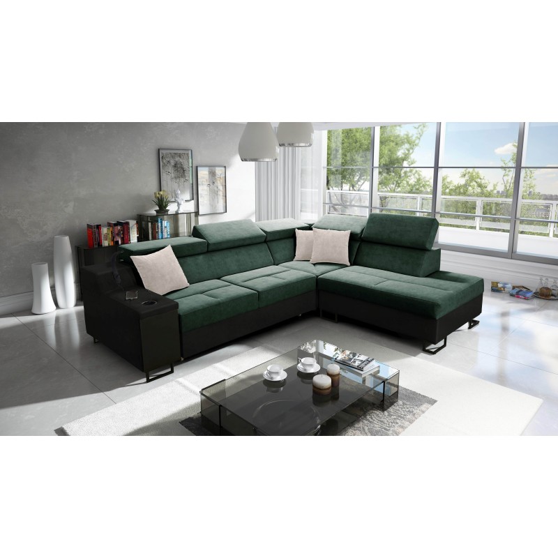 Avanti VII corner sofa with a sleeping function and a lamp with a USB port fabric Whisper 11 + black eco-leather