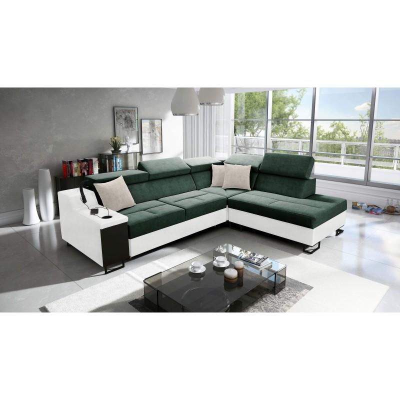 Ecksofa Avanti VII mit Schlaffunktion und Lampe mit USB-Anschluss Stoff Whisper 11 + Kunstleder