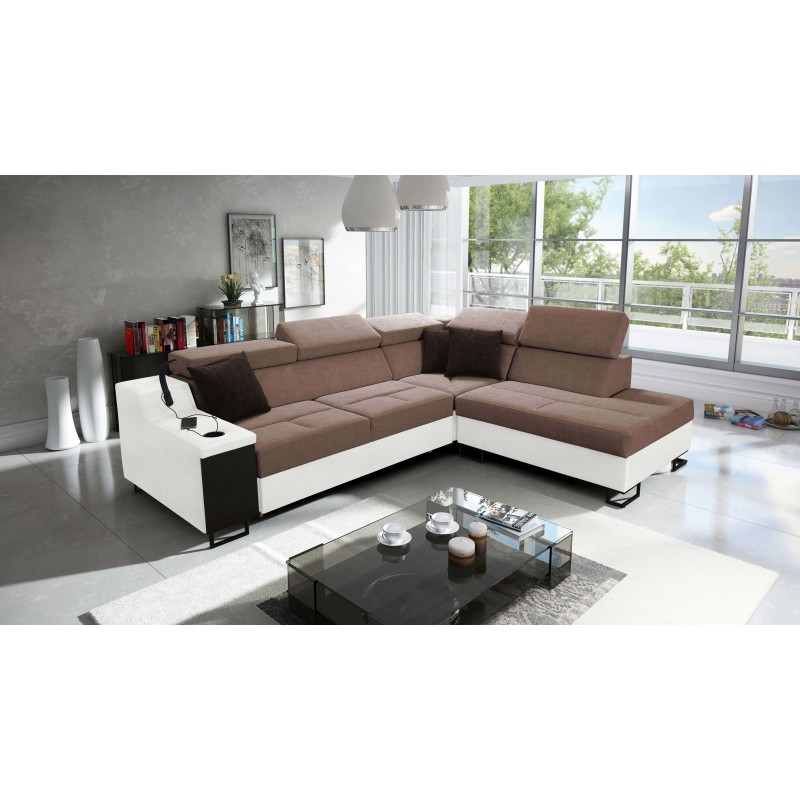 Ecksofa Avanti VII mit Schlaffunktion und Lampe mit USB-Anschluss, Stoff Whisper 25 + Kunstleder